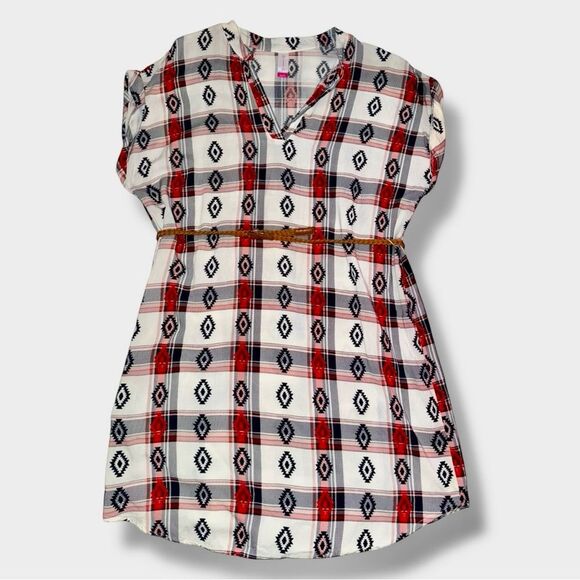 NOBO Tunic Top White Red Aztec Print with Braided Belt Size XL (15-17) - Picture 3 of 13